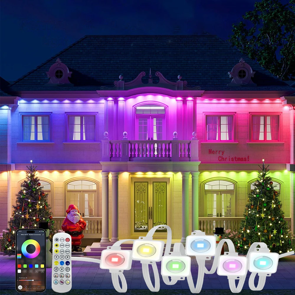 15M RGB Eaves LED Lights Permanent Outdoor Lights String APP Bluetooth Light Strip Scene Modes Full House Party Wedding Light