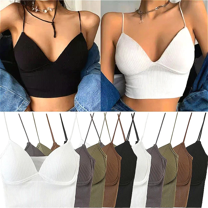 Sexy Solid Color Camisole Bras Cotton Underwear Small Halter Vest with One Piece Fixed Cup Chest Binding Outside Wear Strapless