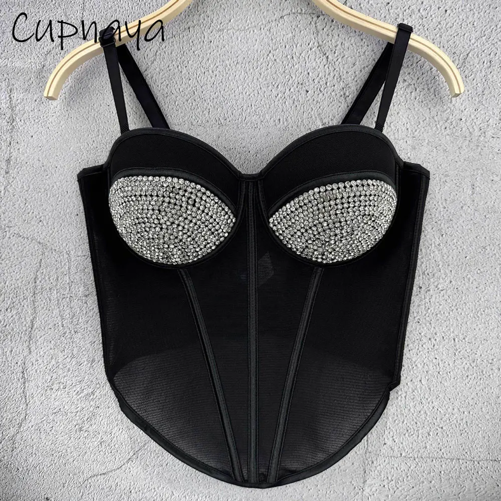 Cupnaya Sexy Women Sparkly Rhinestones Bra Bustiers Midium Length Comfortable Gauze Corset Summer Ladies Party Club Crop Tops