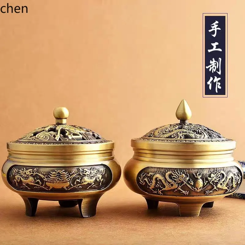 CZ  Pure Copper Incense Burner  Holder for Home Use  Indoor Incense Holder Double Dragon Three-Legged  Incense Burner