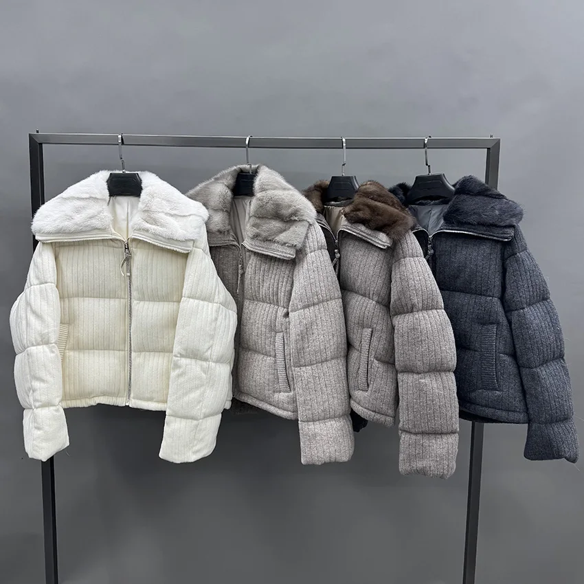 JANEFUR Women's Short Down Jacket With Real Mink Fur Collar Solid Color Knitted Winter Warm Thick Female Outwear JFB8-26001