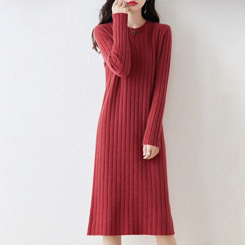 

Pure Wool Knit Women's Slim Fit below the Knee Long Dress Woolen Match with Coat Inner Wear Bottoming Skirt