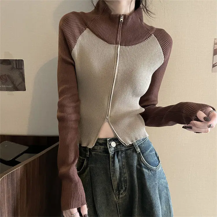 Maillard Style High Neck Color Blocked Raglan Sleeve Zipper Knitted Cardigan Women's Coat Retro Sweater Women's Top