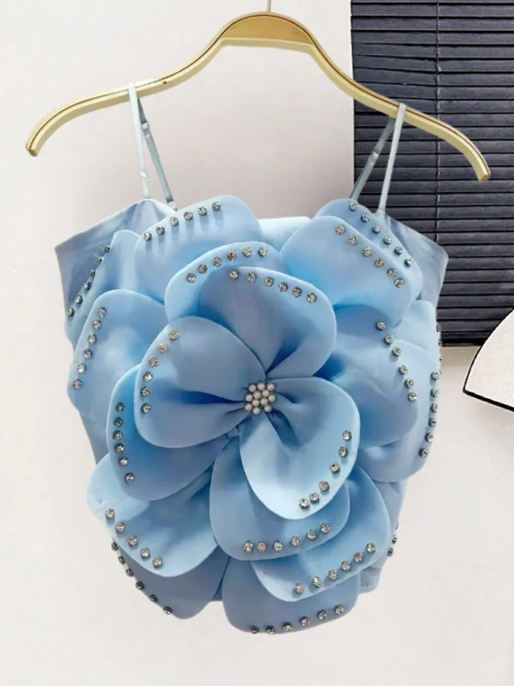 

Новый шикарный французский милый ремешок, камзол без бретелек, 3D цветочный дизайн с бисером и бриллиантами, эластичный тонкий уличный топ на бретелях с рюшами