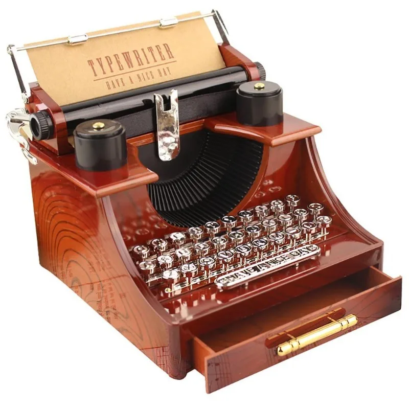 1PC Creative Classic Retro Wood Metal Typewriter Music Box Desktop Home Office Decor Musical Boxes Kids Birthday Toy Gift