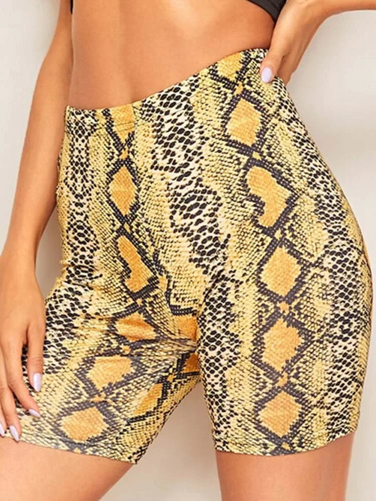 Pantalones cortos estampados de cintura alta para mujer, shorts con estampado de serpiente, con cintura elástica, verano