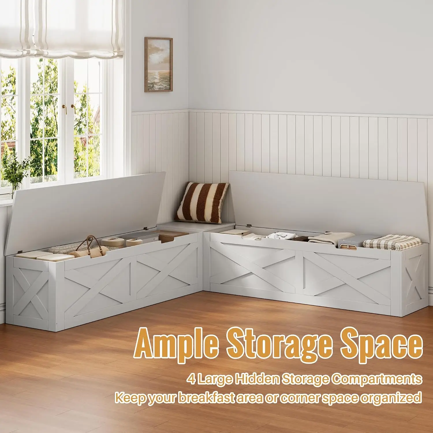 Kitchen Breakfast Nook Bench with Cushions, L Shape Corner Storage Bench, Wood Flip-Top Dining Benches with Hidden, Customized