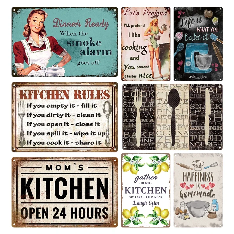 Retro Tin Sign Kitchen Rules  Food Iron Painting Wall Art Metal Vintage Plaque Metal Posters for House Home Dinning Room Decor