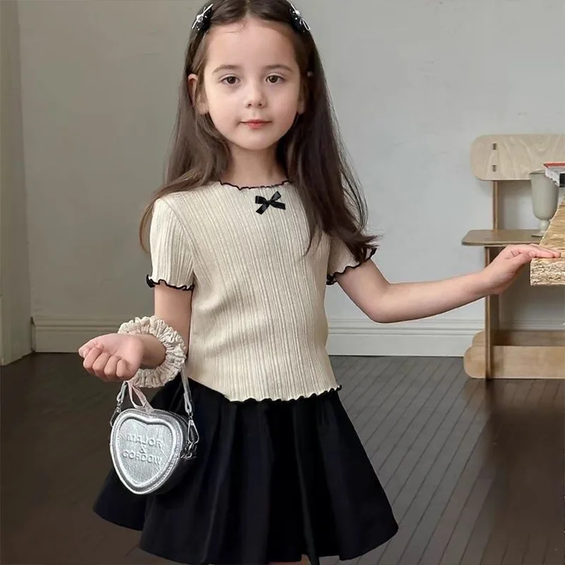 

Футболка с бантом: милая и модная, однотонная, простая и универсальная, корейская, с кружевом, с коротким рукавом, летняя новинка