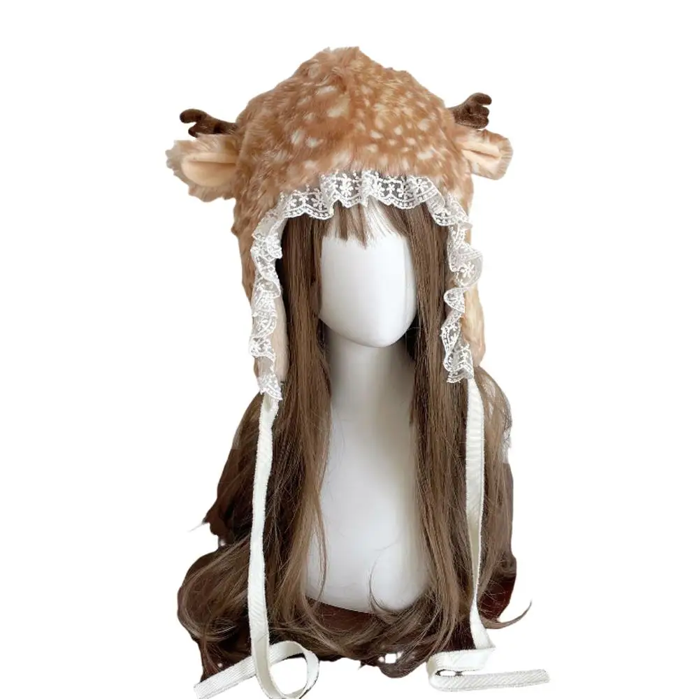 الشتاء فو الفراء أفخم قبعة فتاة حفلة الدانتيل الغزلان قبعة الرنة تدفئة الساق فروي أحذية عالية الجوارب غطاء الأداء زي قبعة #1