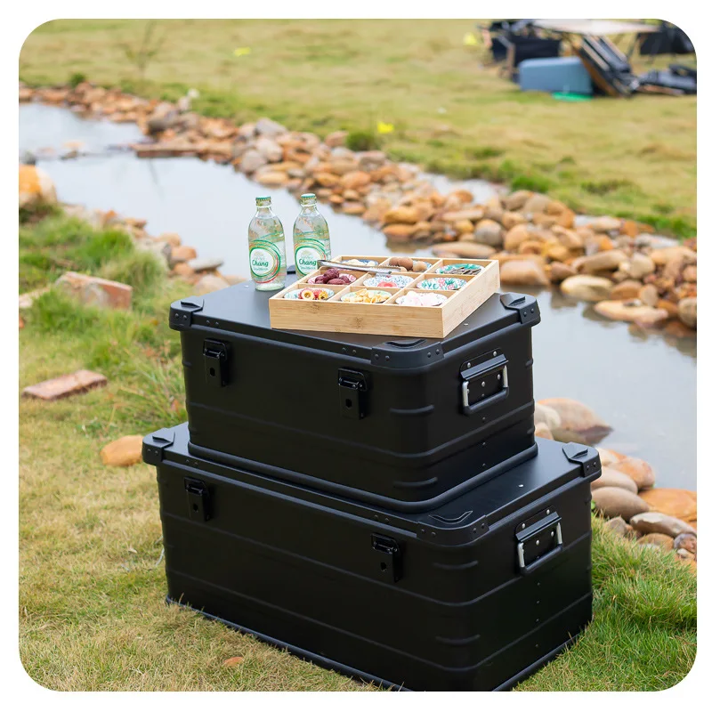 Black Aluminum Alloy Storage Box Outdoor Camping Case Home Organizer Car Trunk Storage Container
