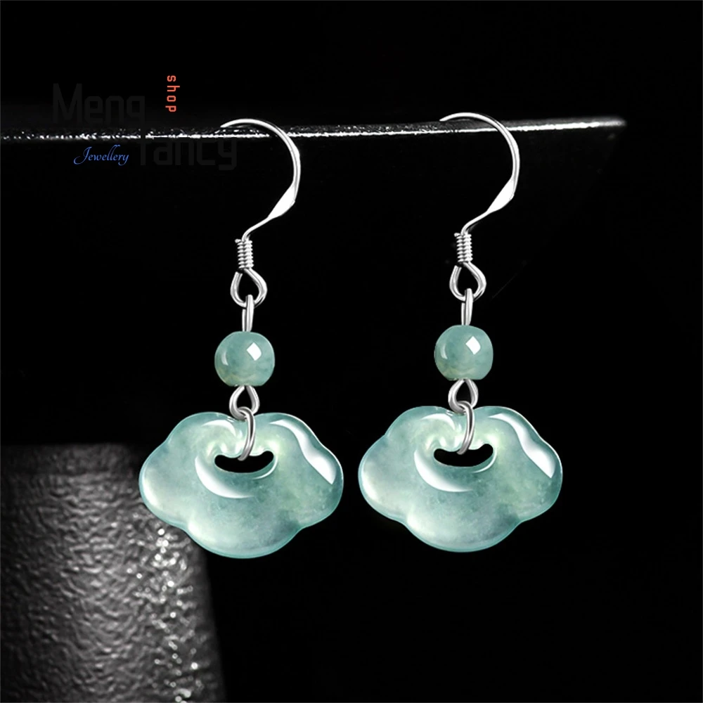 

Natural A-Grade Jadeite Blue Water Earrings S925, Silver-Inlaid Ice-Type Jade Earrings, Ancient-Style Earrings, Women's Earrings