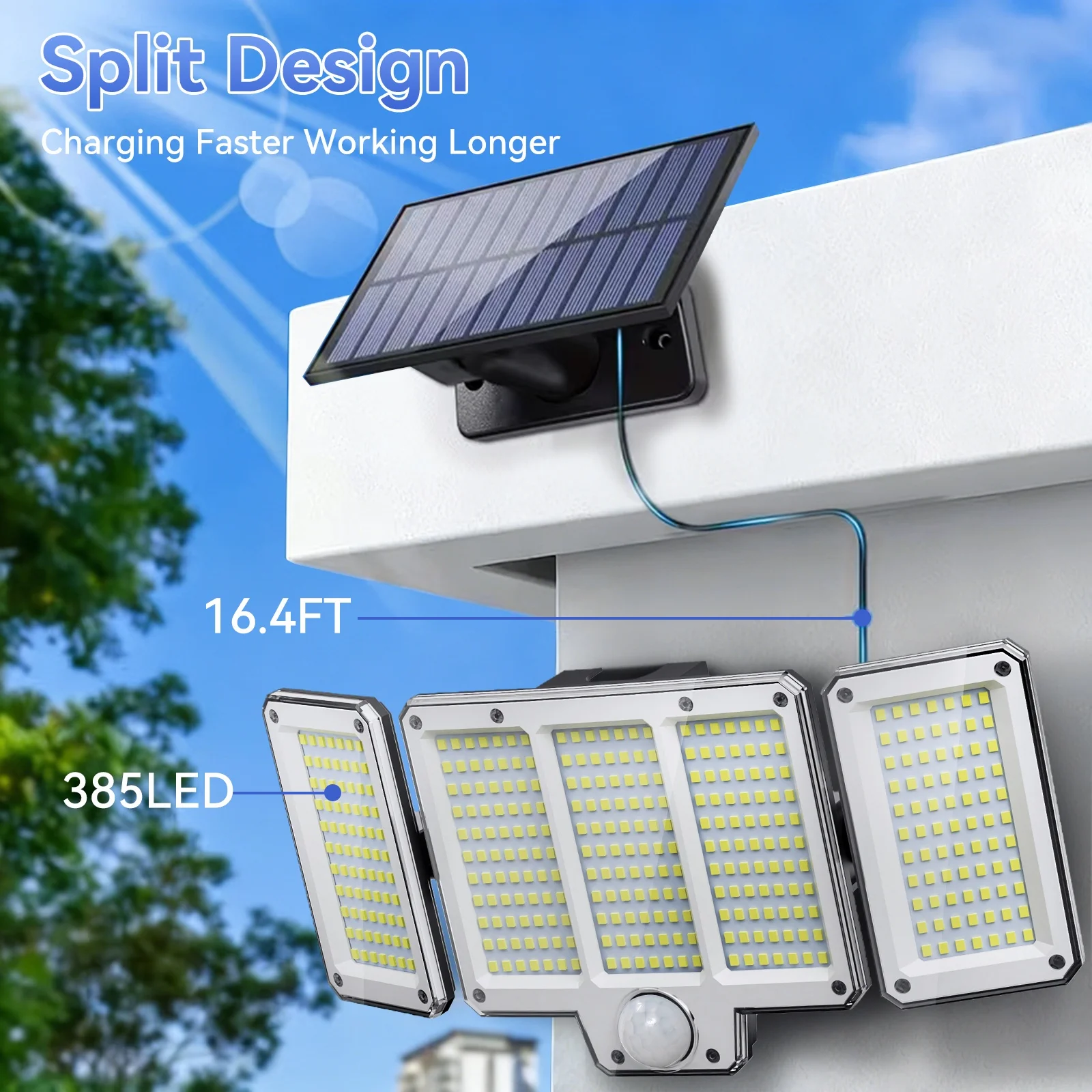 2pcs Wall-Mounted Solar Motion Sensor Lights Outdoor, 323 LED Solar Powered Flood Lamp, 3 Lighting Mode IP65 Waterproof for Yard