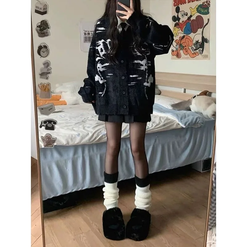 QWEEK Black Vintage Sweaters Women Oversized Knitted Cardigan Korean Style Jumper Y2k Streetwear Gothic Harajuku Sweater Winter