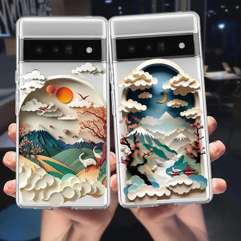 Coque de téléphone transparente souple pour Google Pixel 8A 8 Pro 7a 7Pro 7 6a 6 6Pro 5G, motif de luxe, coque d'art paysage Fundas