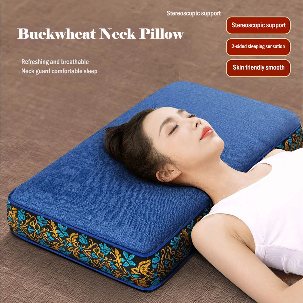 

Chinese style buckwheat pillow, Rectangular buckwheat shell neck pillow, Adult sleep pillow for repairing cervical spine, 55x35
