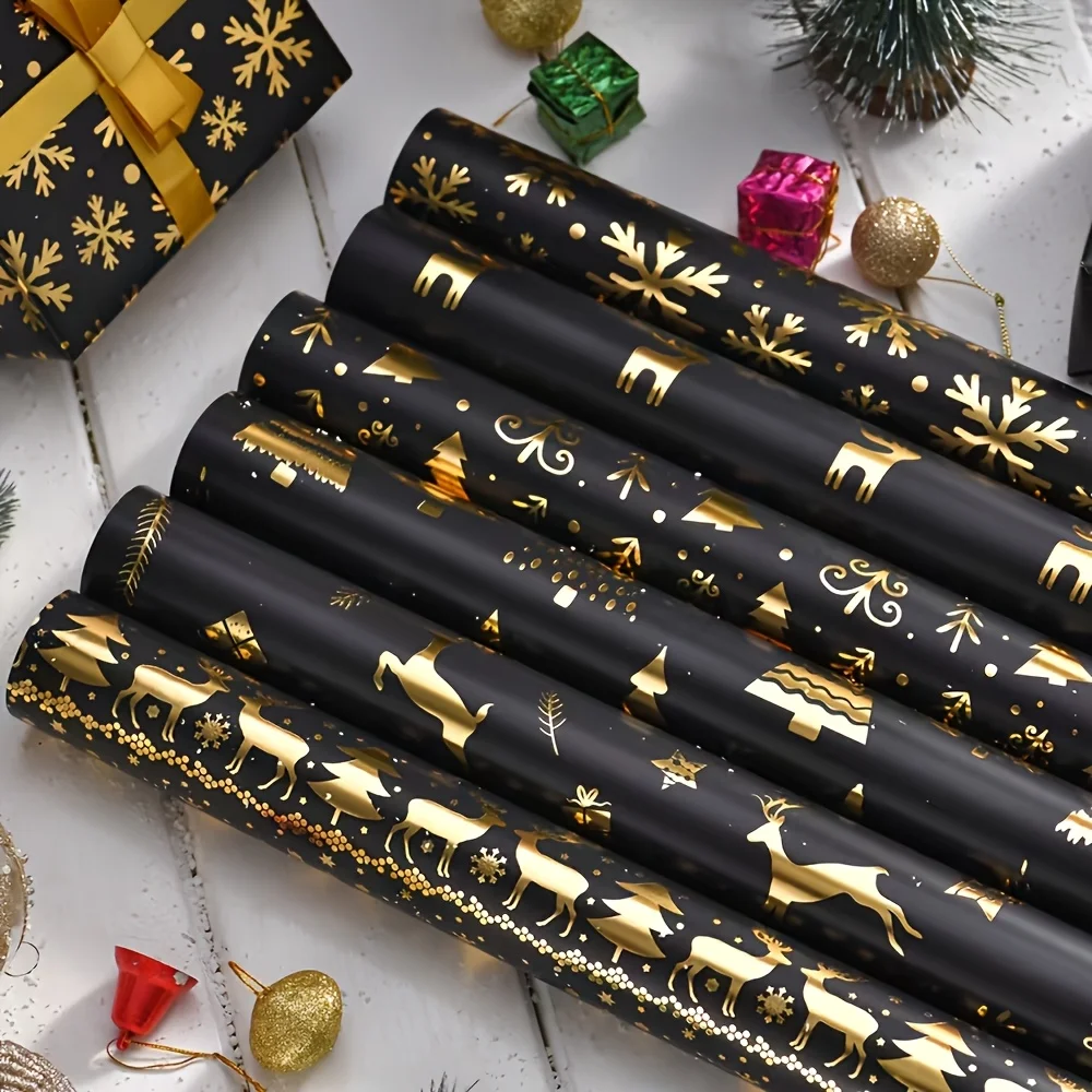 Weihnachtsgeschenkpapier – Weihnachtsfolien-Geschenkpapier – 50 cm x 70 cm – Gold und schwarzes Rentier, Weihnachtsbaum, Schneeflockenmuster, die ultimative Wahl für Weihnachtsgeschenke,