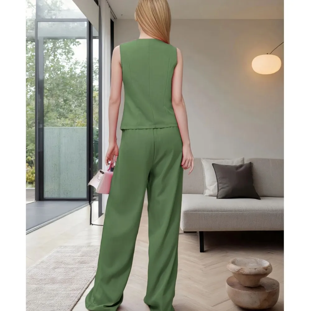 Moda grande botão com decote em v colete calças femininas 2 peça conjunto verão fino elegante feminino escritório calças de pernas largas terno 2025