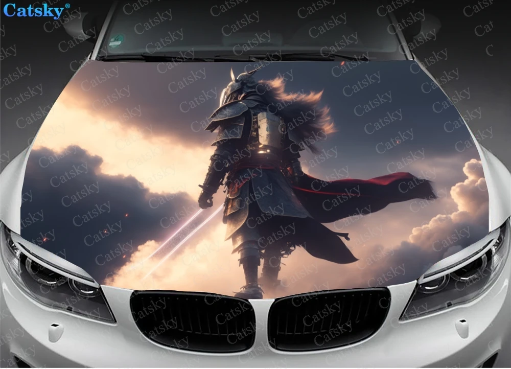 Samurai Walking Up in Clouds Car Hood Sticker Decoration, Car Accessories Hood Vinyl Protection Cover, Custom Car Sticker Decal