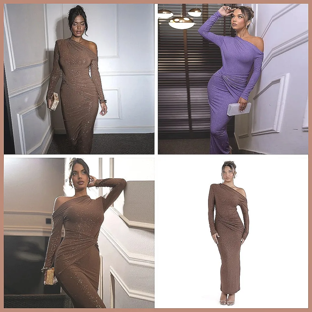 

Sparkly Backless Bodycon Dress for Women, Elegant Long Sleeve Pleated Evening Party Gown