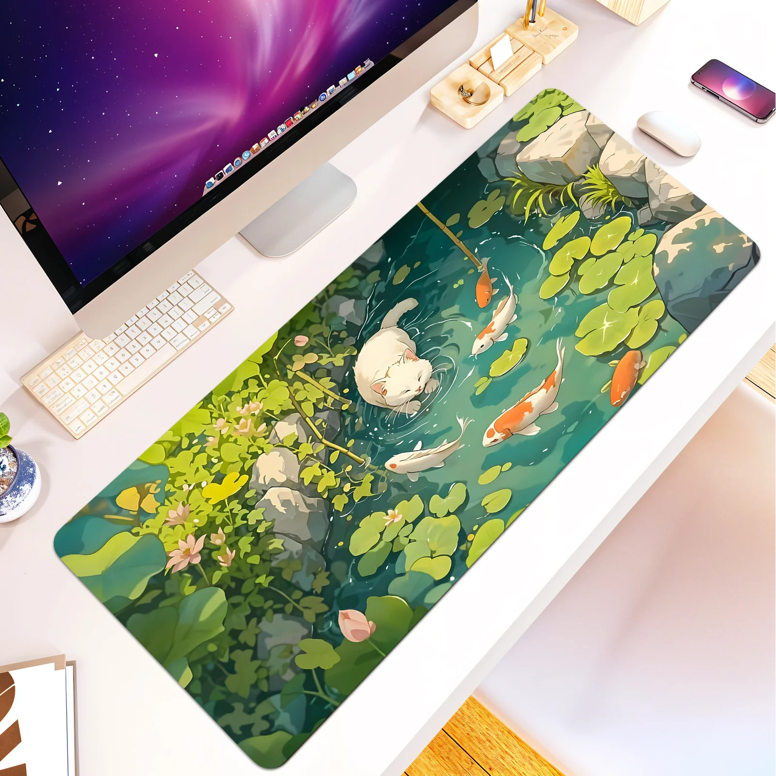 

White cat and koi kawaii Mouse Pad large Desk Mat gaming mats rubber anti-slip Durable pc accessories keypad Extended mouse pads