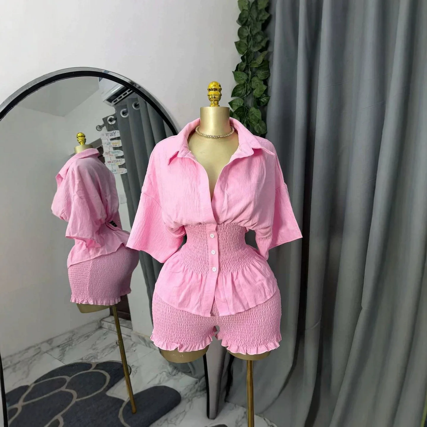 Women's Two Piece Outfit Lapel Short Sleeve Smocked Elastic Waist Shirt Top Ruffle Hem Shorts Casual Commute Trendy Matching Set