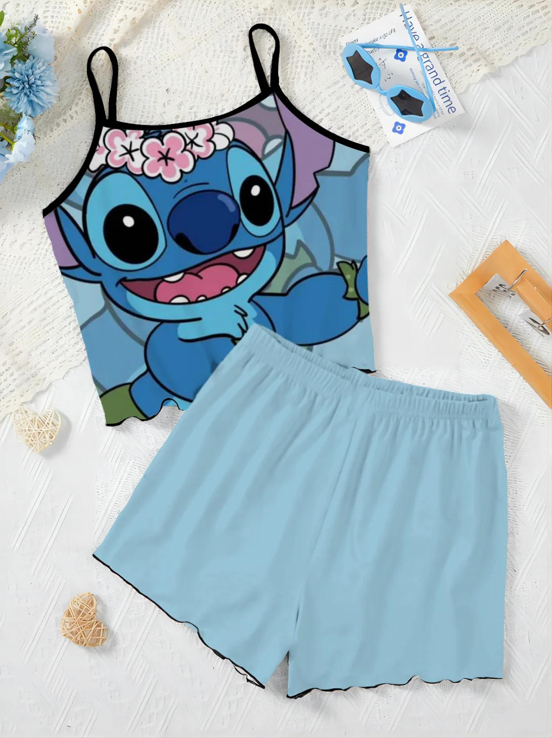 T-shirt Mickey Pajama Skirt Women's Suit Slip Dress Disney Top Short Sets Minnie Mouse Lettuce Trim Pieces Elegant Disney Mickey