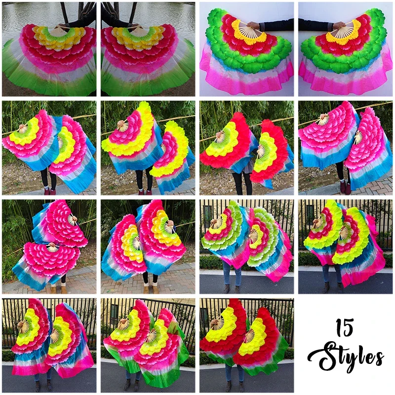 Square Dance Stage Performance Props 1 Pair Dancing Fan 5 Layers Peony Flower Double Petal Silky Hand Fan Yangko Fan