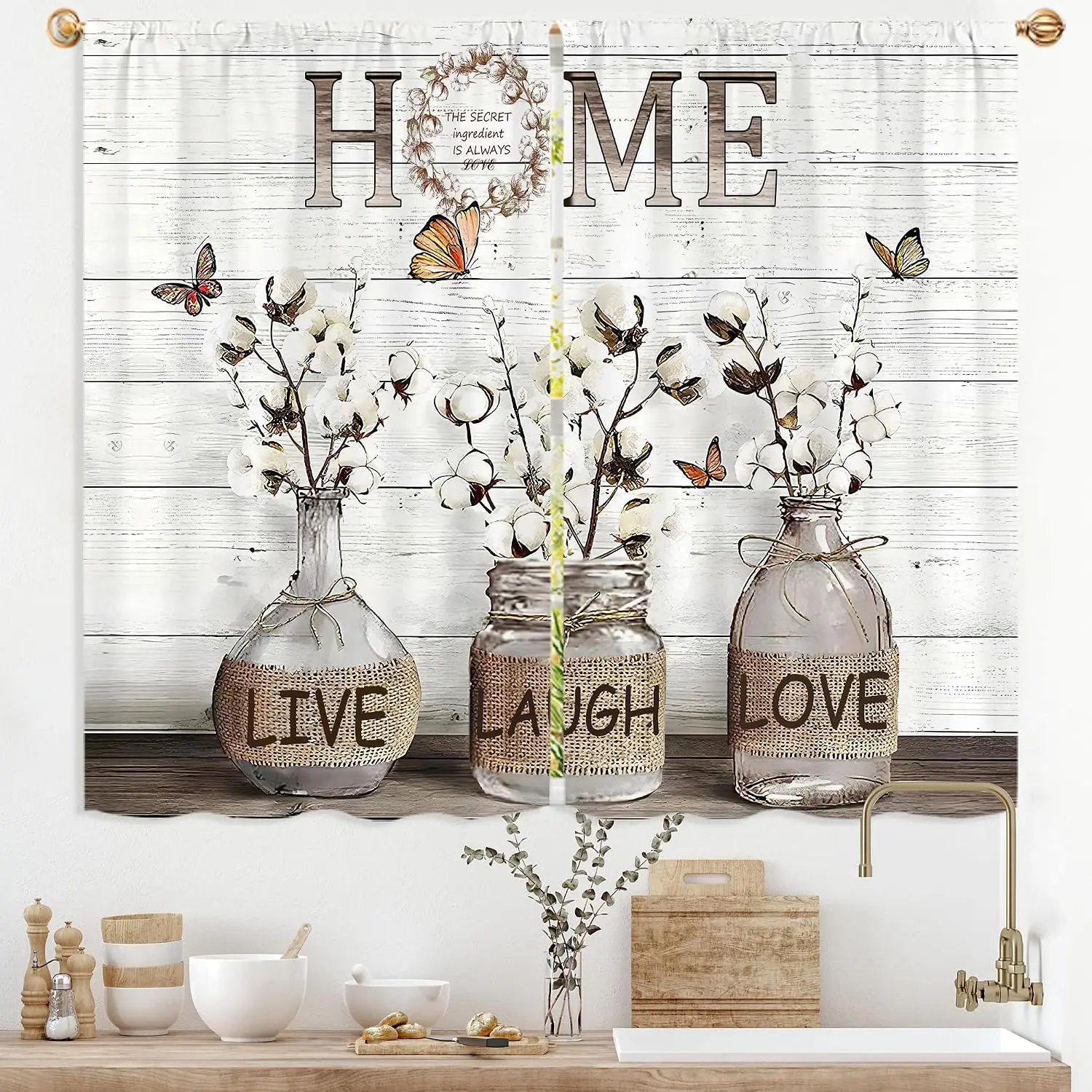 Rustic Farmhouse Boho Curtain Love Laugh Home Floral Decor Wood Grain Inspirational Window Curtain Tapestry Panel