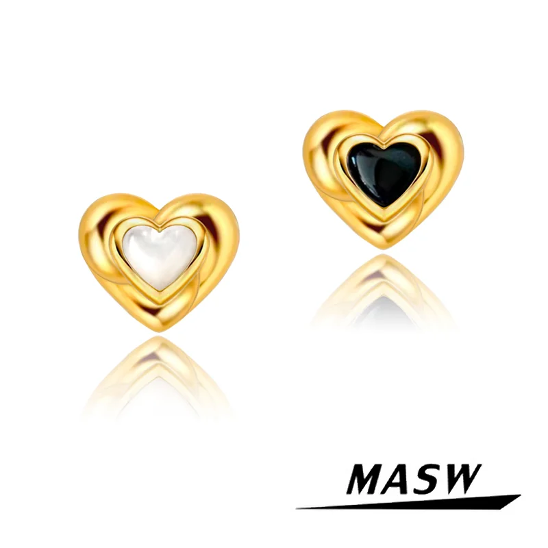 

MASW Original Design Metallic Black White Gold Color Heart Stud Earrings For Girl Women Gift Trend Jewelry Simply Style