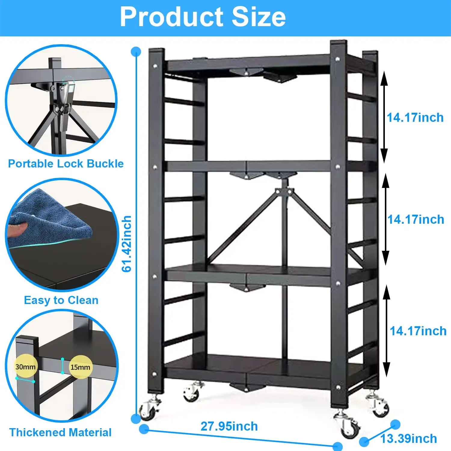 4 Tier Storage Shelf Rack 250lbs Capacity Heavy Duty Metal Shelf Foldable Storage Shelving Unit with Wheels Garage Shelf