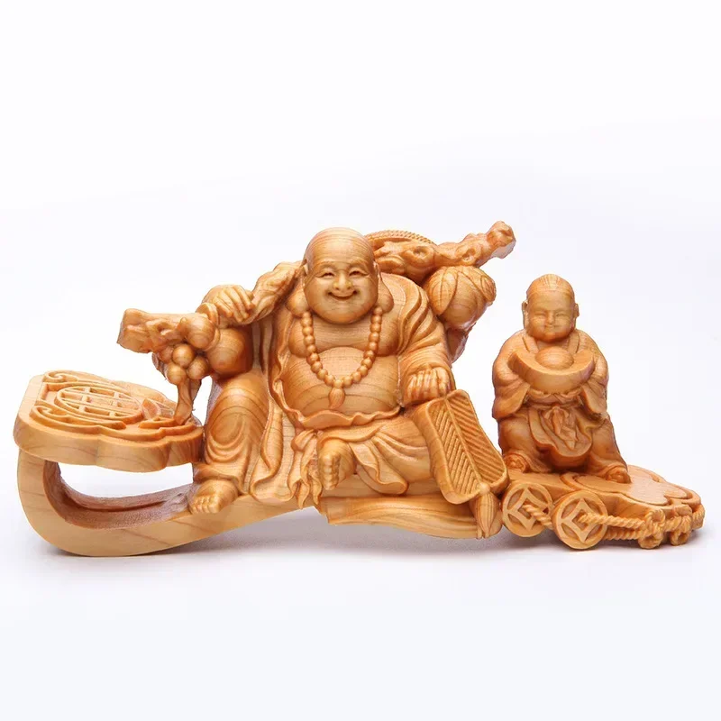 Solid Wood Carving God of Wealth Maitreya Statuette ,Thuja wood  Hand-carved Home desktop character lucky statue