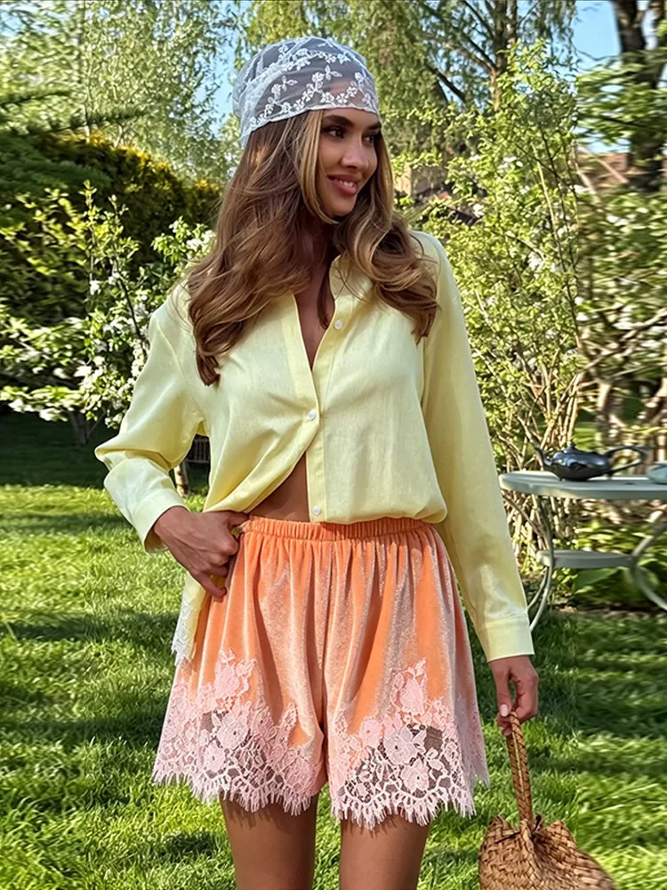 Women's Shorts Velvet Patchwork Lace See Hollow Out Irregular Hem Loose Shorts Charming Female Elastic High Waist Loungewear New