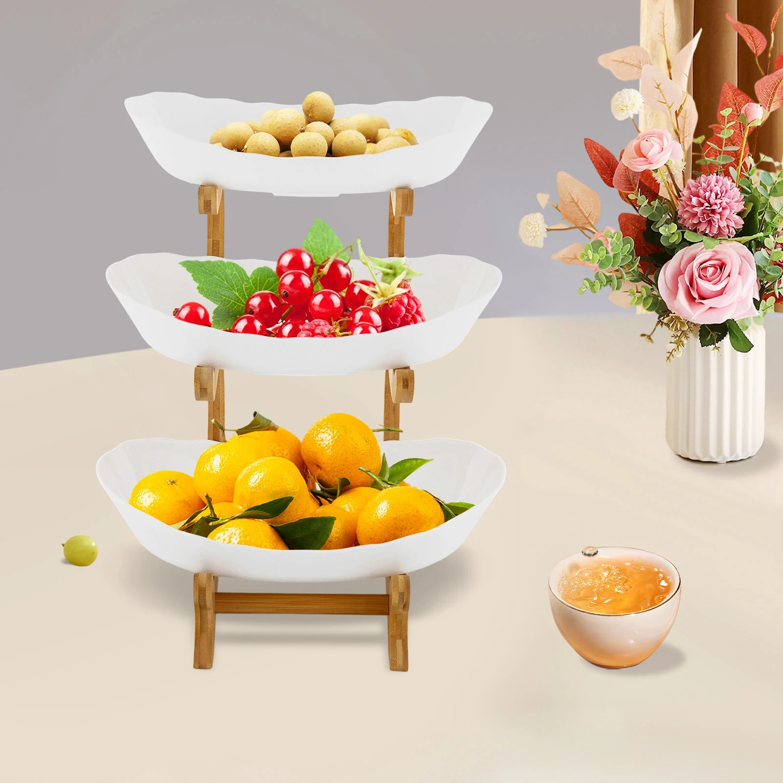 Yuanbao Shape 3-Tier Serving Bowls with Stand, Bamboo Wood Snack Dessert Cake Tray Plate Rack, Fruit Bowl Set for Party Wedding Home Kitchen
