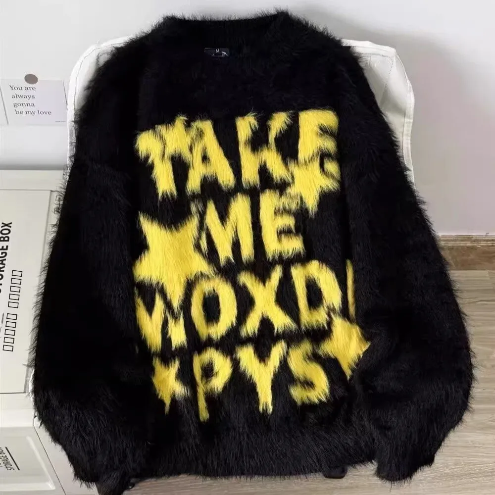 

American Sle Lettered Mink Velvet Loose round Ne Knitted Sweater Couple's Autumn Winter Outerwear Comfortable Soft Fluffy