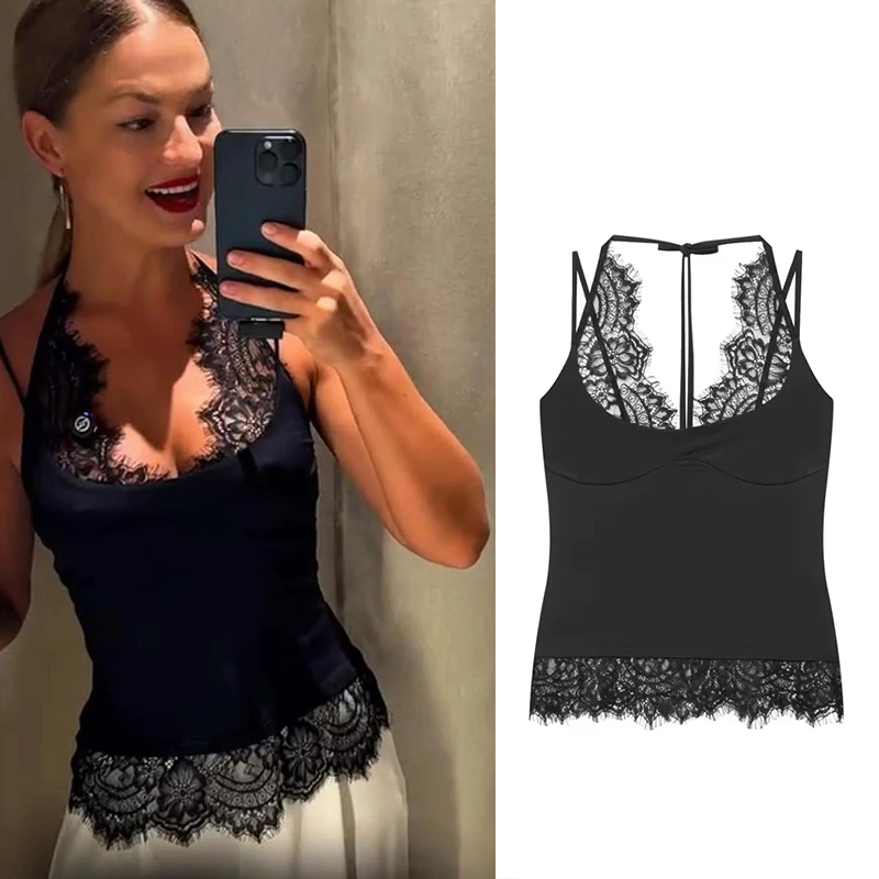 Women's Top 2026 New Fashion Summer Black Spliced Lace Top for Women Sexy Chic Personality Vacation Ladies Spaghetti Strap Top