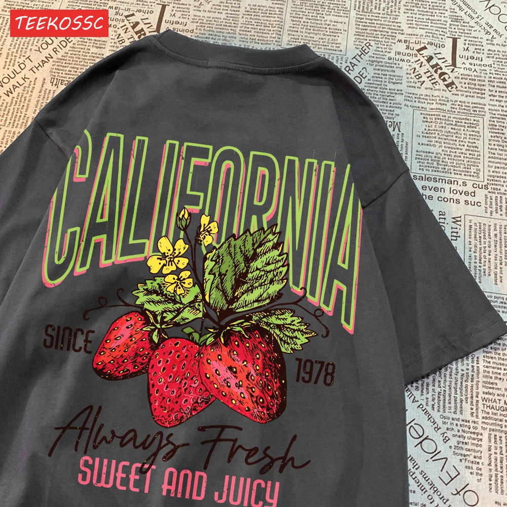 Letnie bawełniane koszulki damskie California Strawberries Printing Krótki rękaw O-Neck Oversize Oddychająca odzież damska na co dzień