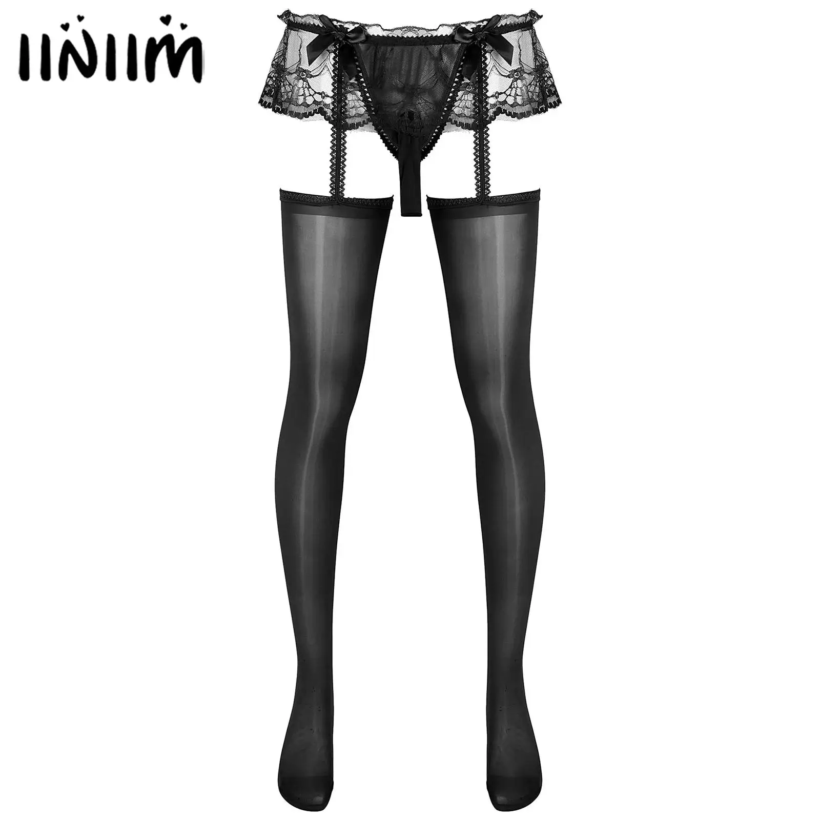 Mens Lingerie Tights Bulge Pouch G-String Glossy Garters Stockings Sissy Pantyhose Sheer Lace Skirted Suspender Cutout Leggings