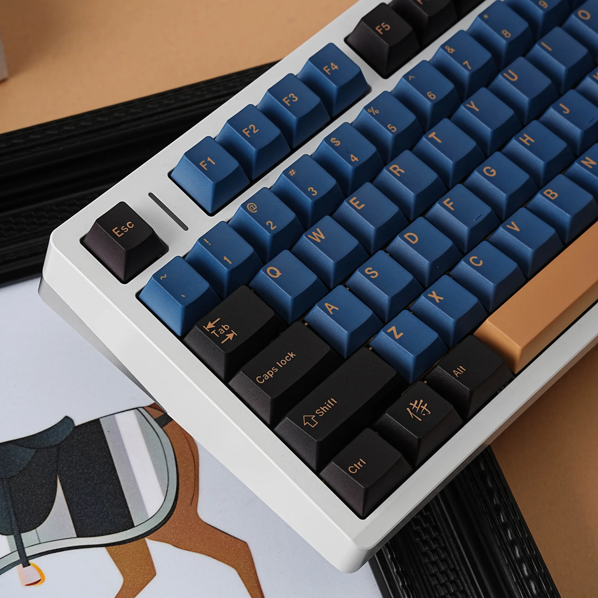 Samurai Keycaps Blue Double Shot Cherry Profile for 61/64/87/104/108 ISO ANSI Mechanical Keyboard, 143keys Caps Set Custom