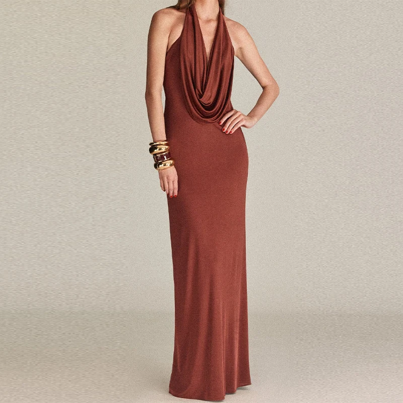 

2026 New Women's Trendy Brown Backless Halter Maxi Dress Cowl Neck Bodycon Slinky Fabric Formal Evening Party Fashion Dresses