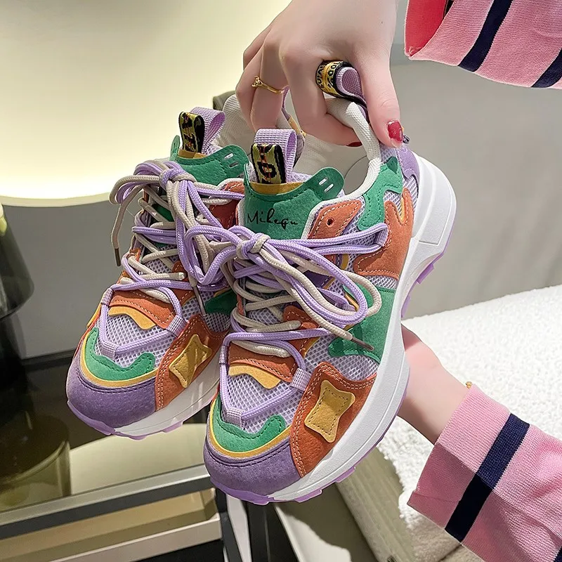 Women Fashion Rainbow Color Chunky Sneakers Women Autumn Platform Lace Up Sports Shoes Woman Mesh Breathable Non-slip Sneakers