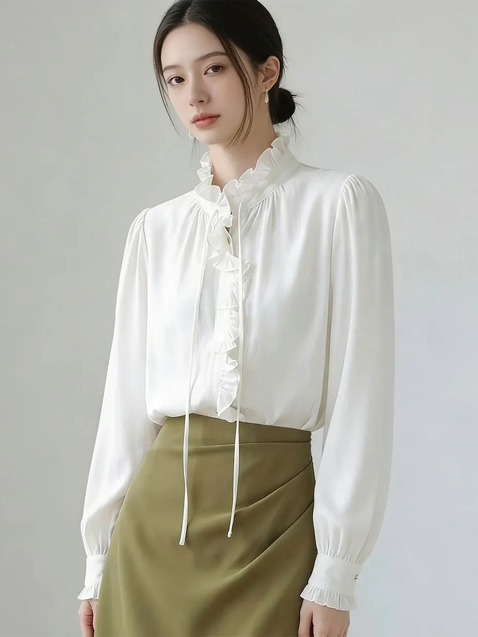 

Elegant White Long Sleeve Shirt Women's Loose Style Floral Design Spring New Fashion Top Casual Business Streetwear
