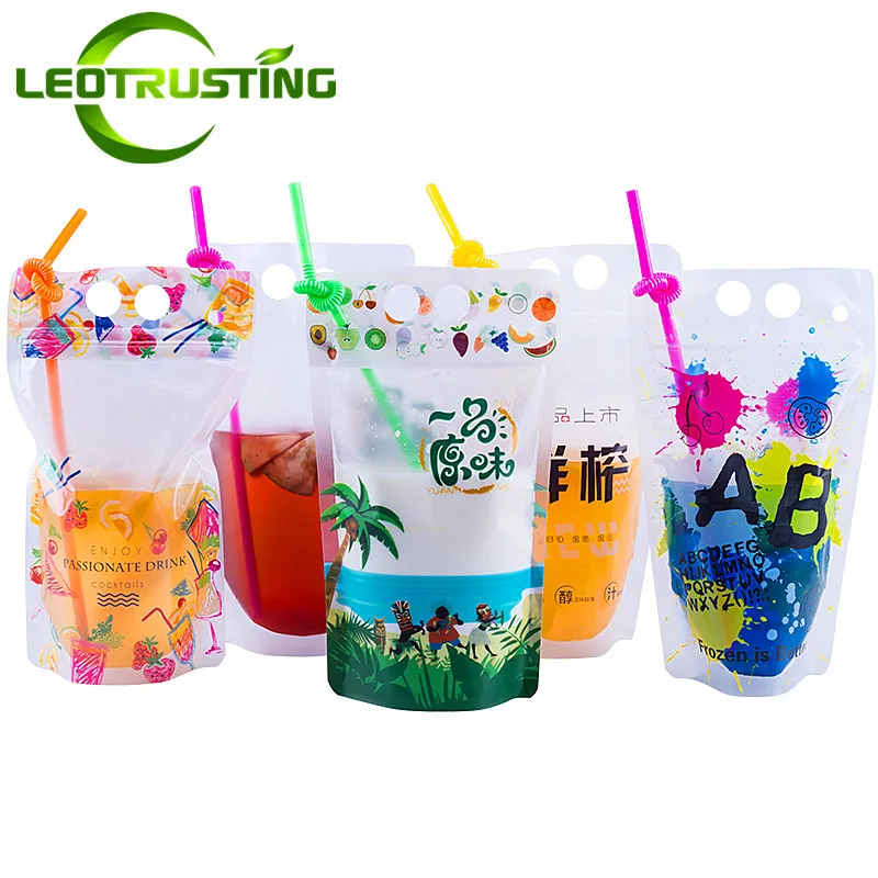 100pcs Bags+Straws Capacity 400~500ML Plastic Party Drinking Pouches Summer Festival Fruit Juice Coffee Milk Liquid Beverage Bag