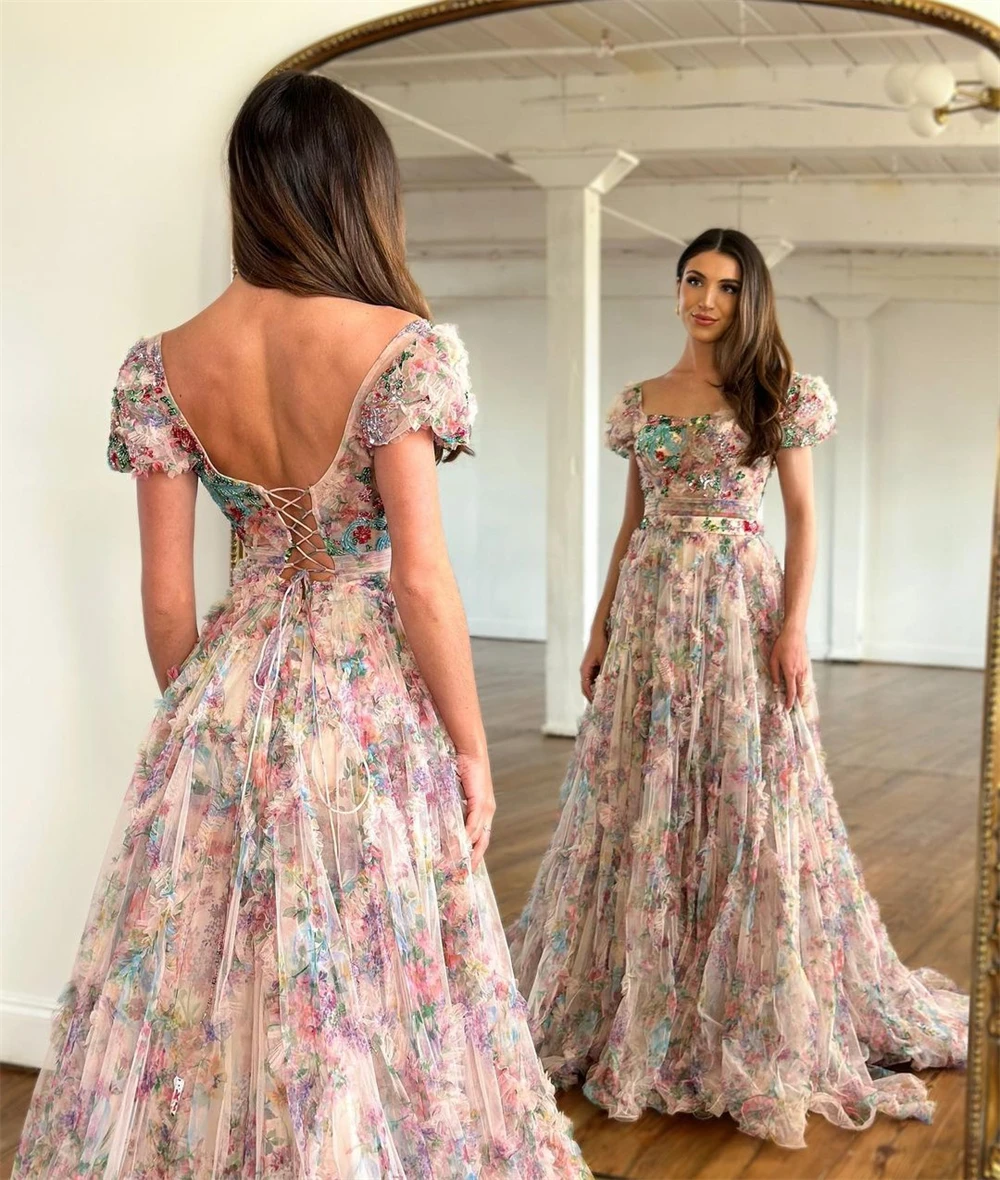 Ball Dress Evening Tulle Flower Ruched Cocktail Party A-line Square Neck Bespoke Occasion Gown Long Dresses Saudi Arabia