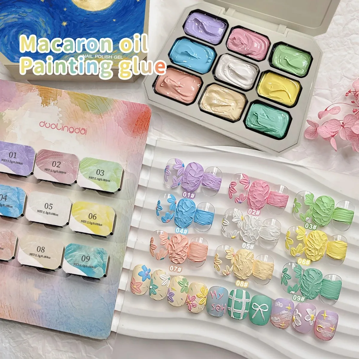 9-Grid Macaron Oil Painting Gel Complete Set - Nail Gel Macaron Oil Painting No Wipe Nail Polish Gel Vibrant Colors