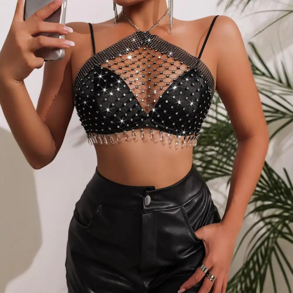 Backless Cropped Tops Sparkling Rhinestone Halter Top with Fishnet Detail Backless Design Sexy Crop Top for Women Fishnet Halter
