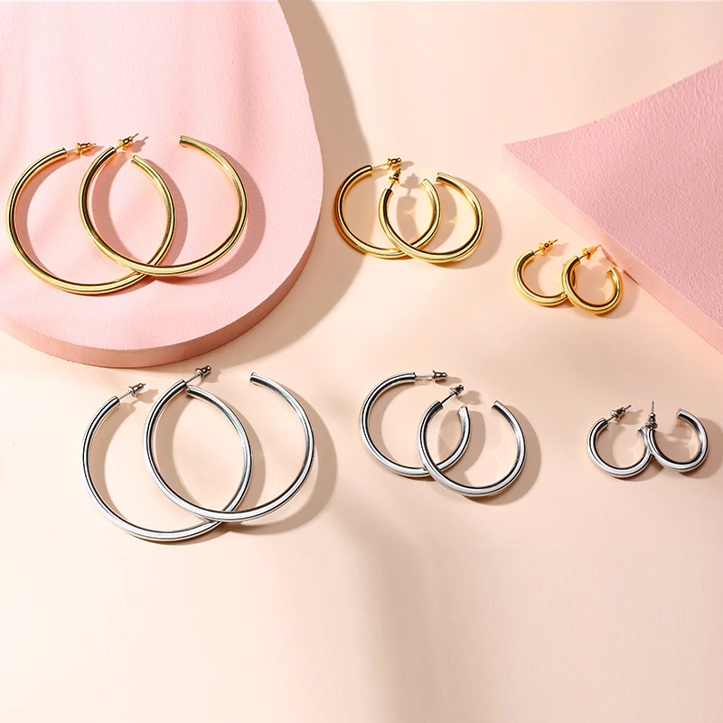 Classic Open Round Stud Earrings Brincos For Women Jewelry Simple Big Exaggeration Stainless Steel Ear Bijoux