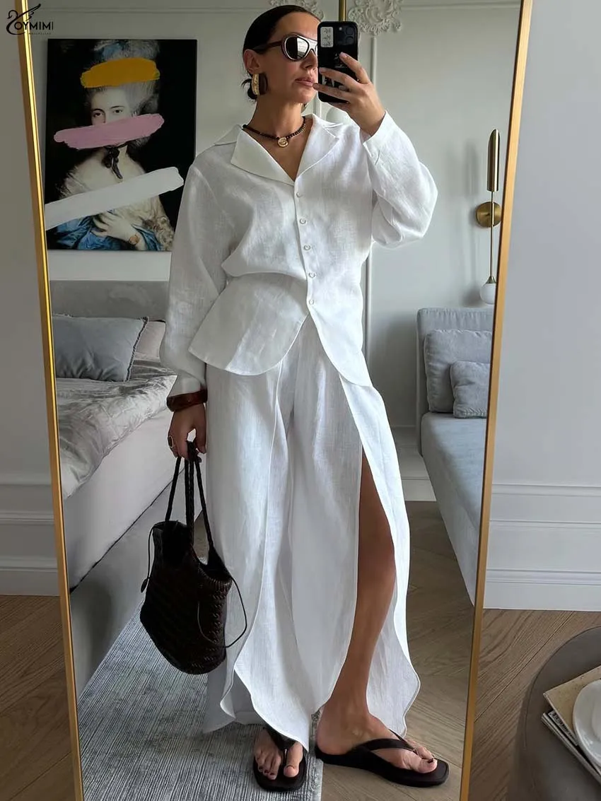 

Oymimi Casual White Cotton Woman 2 Piece Set Outfit Autumn Long Sleeve Single Breasted Shirts And High Waist Slit Trousers Sets