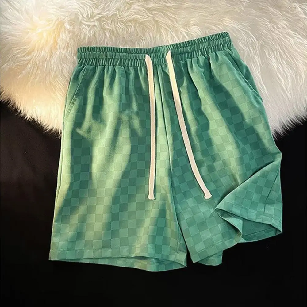 Men Shorts Chessboard Pattern Shorts with Side Pockets Elastic Waist Drawstring Wide Leg Loose Fit Shorts