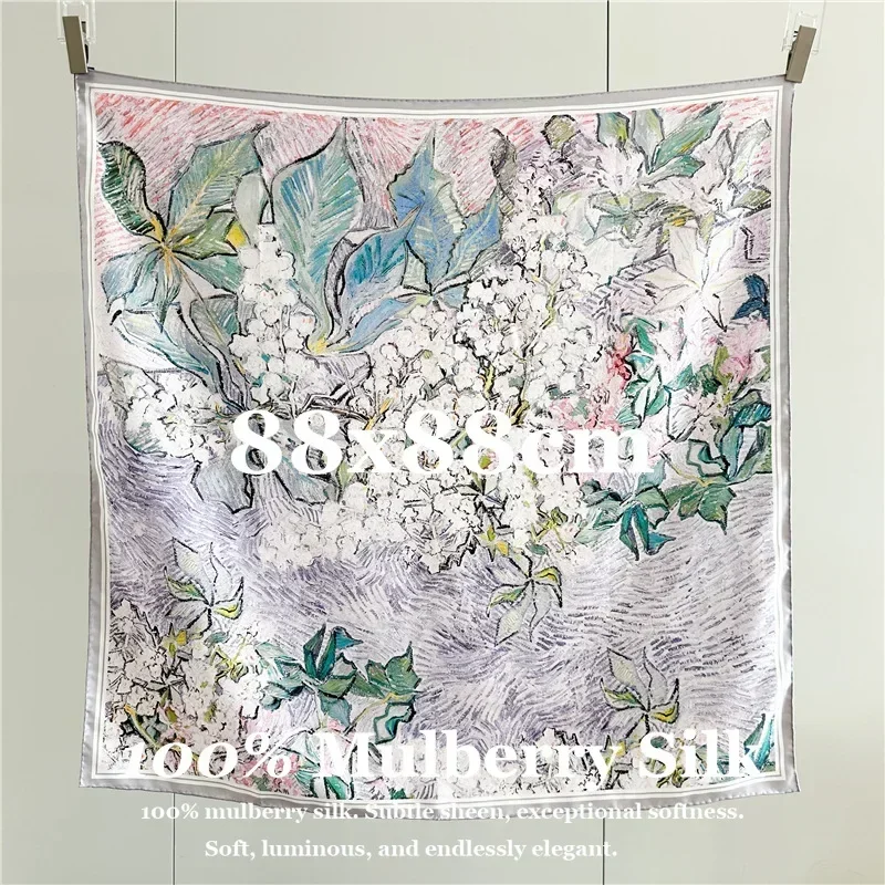 New Oil Painting Floral 100% Mulberry Silk Square Scarf Women 88cm Neck Warmer Soft Korean Style Wrap Gift Fashion Elegant Daily